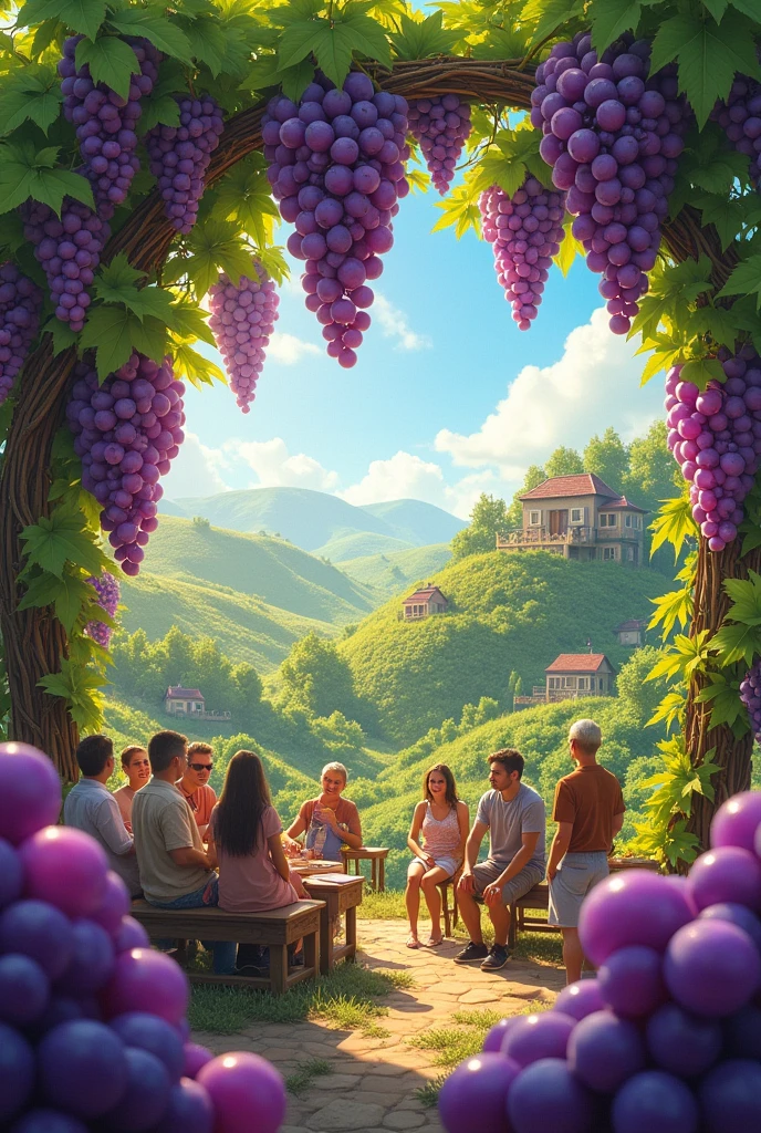 Create a planet made of grapes with people talking