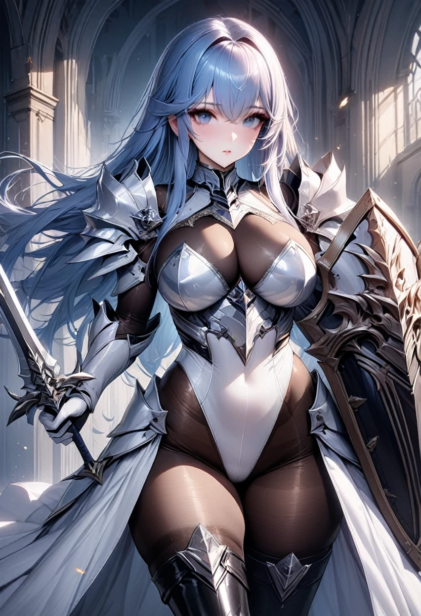 ((highest quality)), ((masterpiece)), ((hyperrealistic)), (solo), 1girl, ((curvy)), ((Tight and digging into the skin: 1.2)), perfect face, ((Azur Lane)), ((armored dress)), ((white paladin armor)), ((skin-tight pantyhose leotard: 1.4)), ((white knight armor breastplate)), ((skin-tight black Investigator Bodystocking)), ((large pauldron)), (white long gauntlet gloves), ((light blue long straight hair)), ((Big chest that looks like it's going to burst under pressure)), (pantyhose thighs), ((Knee-high boots on the white tight skin that digs into it)), (high heel boots), ((see through cleavage cutout)), Sword and shield, zettai ryouiki, Perfect and beautiful dark blue eyes, Perfect hands, perfect fingers, luxurious goldsmith spear, makeup, cowboy shot,