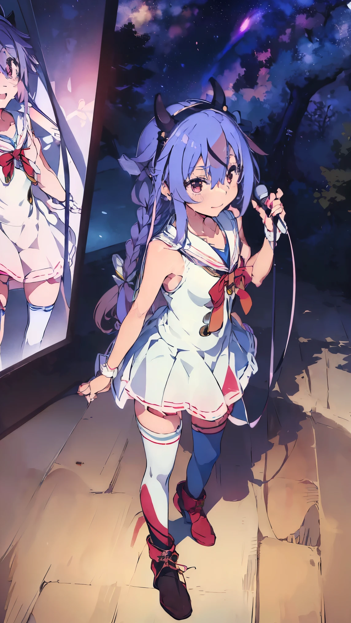 masterpiece, Highest quality, High resolution, Very detailed,(((Mikoto Naruka))), (((smile)))、(((Standing in the distance))), (((Holding a microphone。))), (((White sailor collar))), (((Blue stage))), (((White knee-high socks))), (((Blue ribbon))), (((Blue Hair))), (((Multicolored Hair))), (((horn))), (((Pink Eyes)))