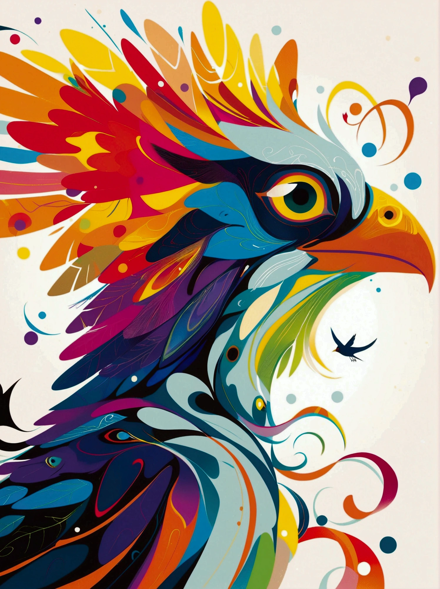 (negative space:1.5), a Bird, colorful cartoon-style illustration from an award winning animated movie, illustrated in bold outlines, showcasing its colors and shapes, The character is depicted adorned colorful energy against a white background, mythical creature