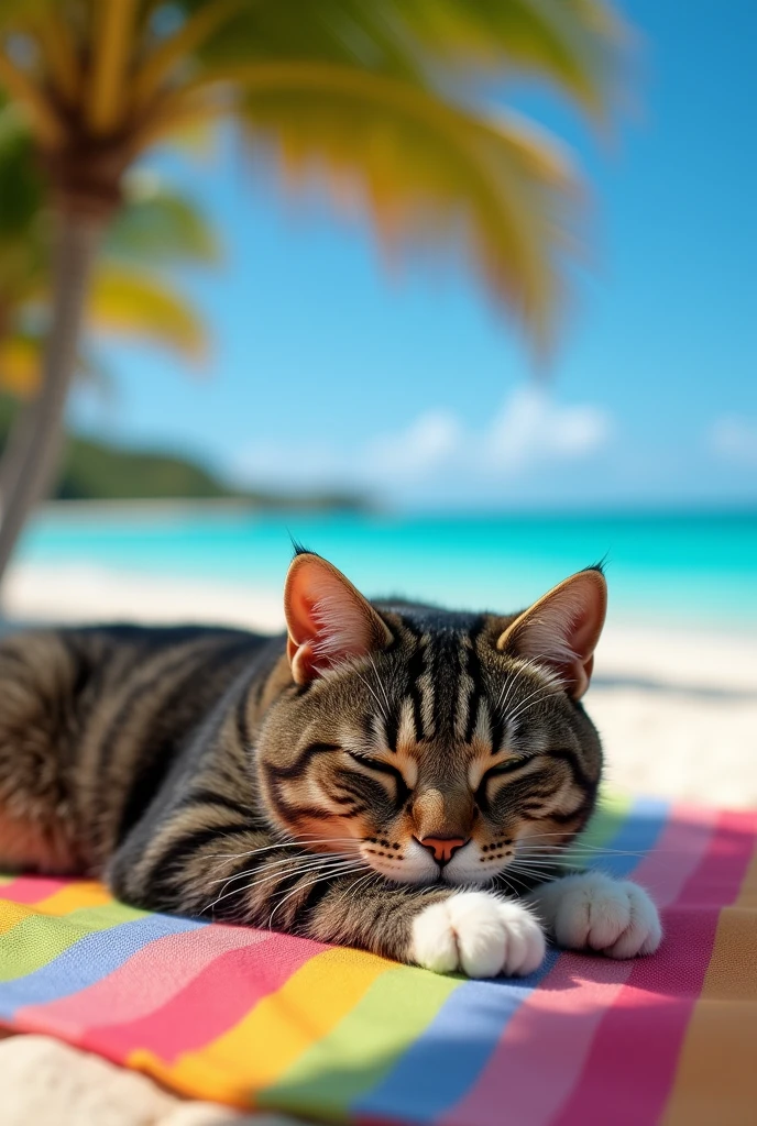Voici une description pour une image générée :
Un chat tigré foncé à poils courts, avec le torse et les deux pattes avant de couleur blanche. Le chat est allongé sur une belle serviette de plage en train de bronzer. La mer se trouve sur un sable doré, avec des palmiers et un océan en arrière-plan, renforçant l’ambiance de vacances.