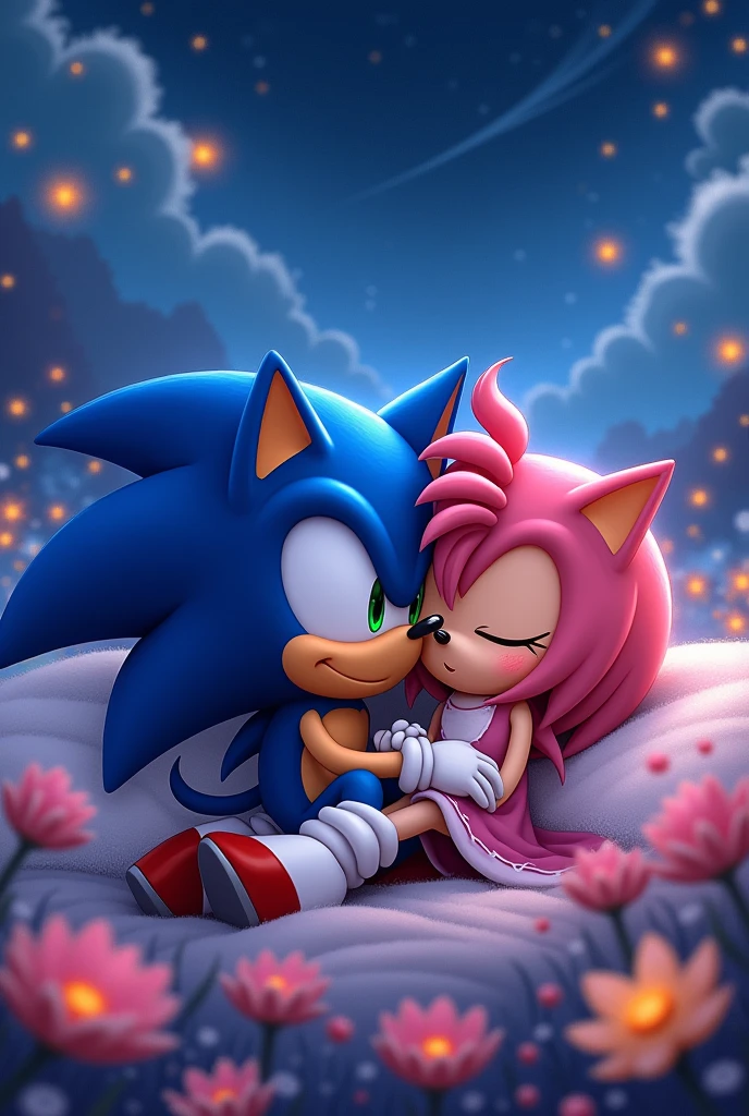 Amy and Sonic sleep book holds Amy in his arms, views of very beautiful people.