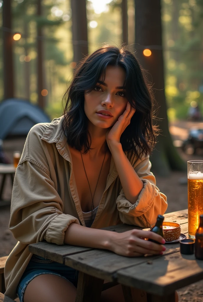 A realistic picture. An ugly, Normal weight woman with black shoulder length hair. She is on a campsite. She sits at a beer table. She has brown eyes. She applies her makeup.