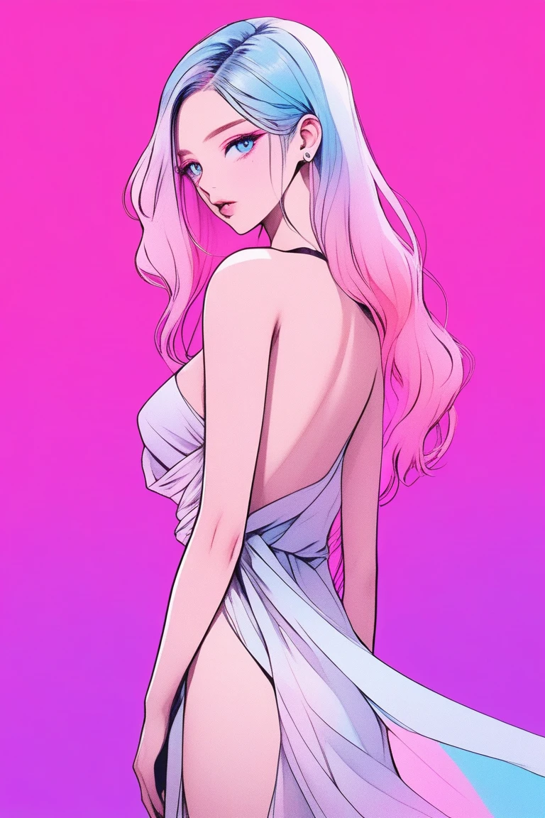 Illustrator, anime , Realistic ,sketch , 1 person, model, Age 25, lip, A revealing, sheer chiffon wrap dress, order, Blue and pink gradient background, Neon Medium Hair, Big Breasts, look back, Sexy look, Texture Trim, Canadian, (masterpiece,Highest quality)