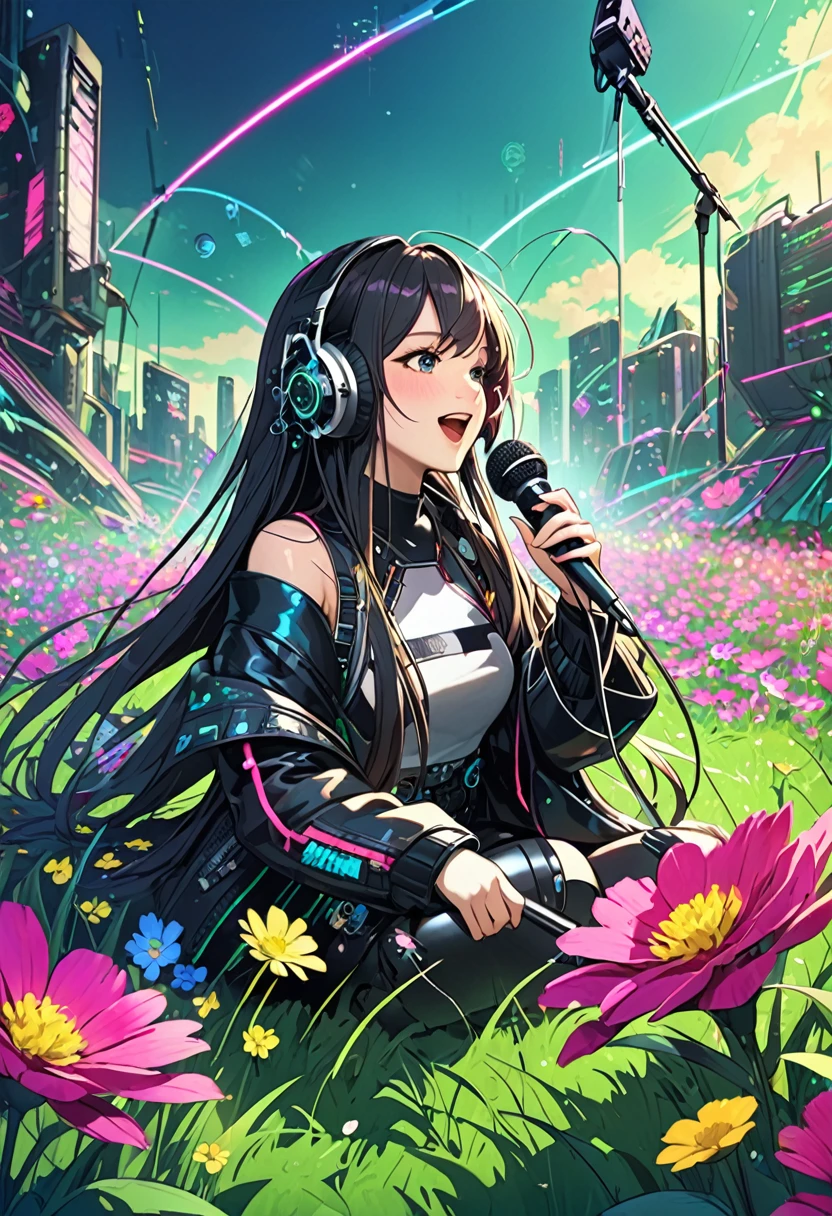 Long Hair, Shiny Hair, Singing a song、woman、Fantasy、cyber punk、There are flowers and grass on the microphone.