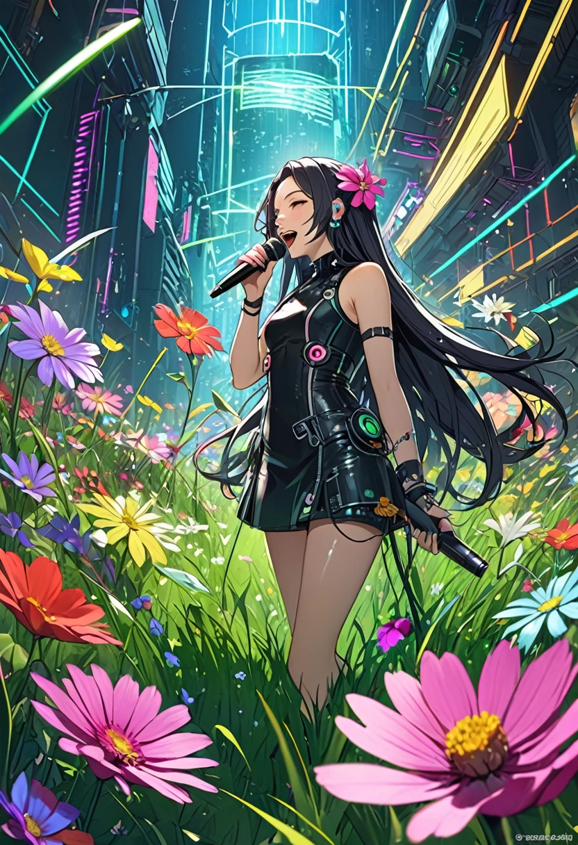 Long Hair, Shiny Hair, Singing a song、woman、Fantasy、cyber punk、There are flowers and grass on the microphone.