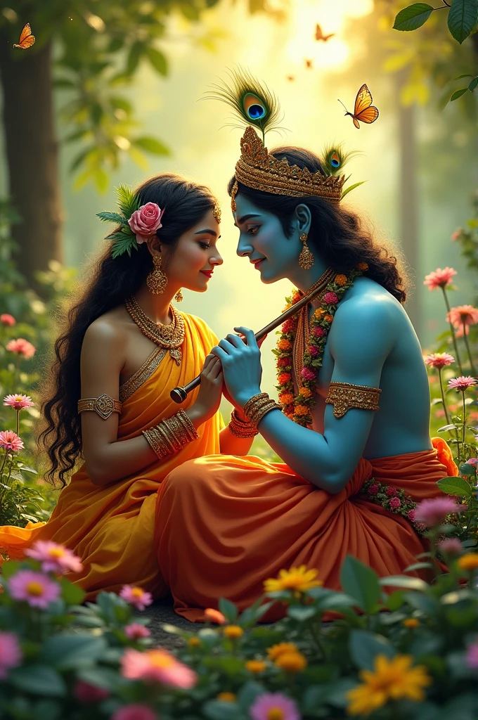 Radha Krishna sitting in green jungle with multiple flowers