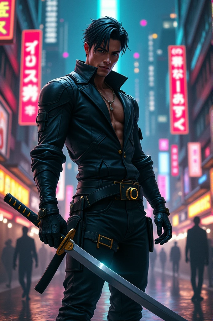 Male, short hair, cyborg, black hair, gold eye, have katana.