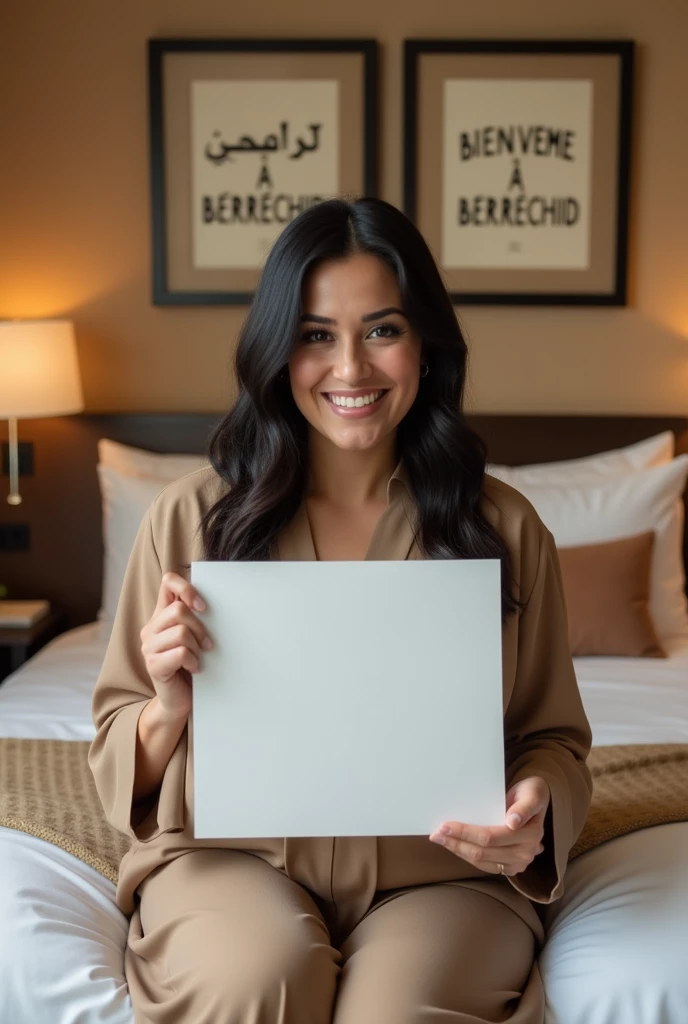 Une femme brune. Les cheveux raides, écartés ou un peu écartés du cou, pas longs, de couleurs noirs. Une femme un peu volumineuse par sa forme physique. Assise dans une grande chambre d'hôtel, sur un lit de l'hôtel, souriante, la tête droite, le regard droit fixé vers l'avant, portant dans ses mains une grande photo qu'elle montre bien vers l'avant de sorte que la photo qu'elle montre soit un peu décollée de sa poitrine et derrière elle, accroché sur le mur, un tableau avec 2 écritures sur le tableau. L'une qui dit en arabe : Bienvenue à Berrechid et la deuxième en langue française qui dit : Bienvenue à Berrechid.