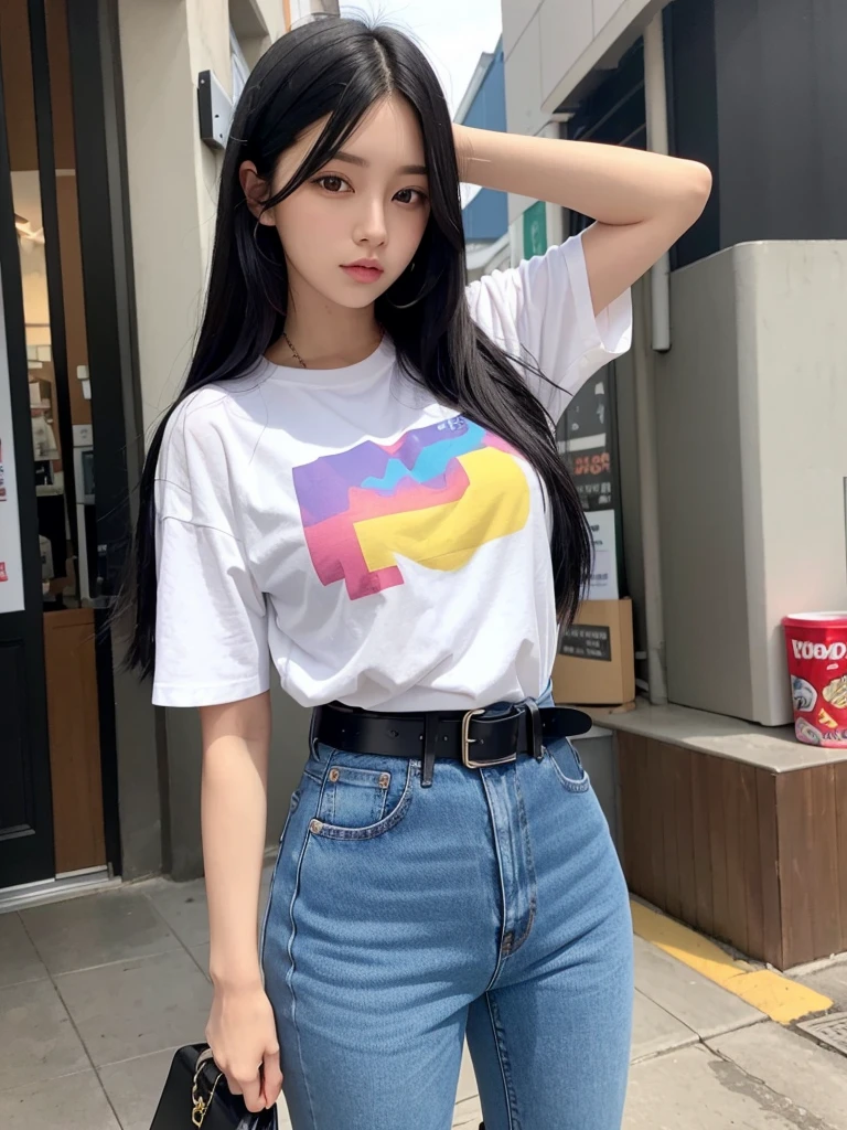 A cool person, ｔShirtBlack Hair, Colorful Hair, Long Hair, Jeans belt