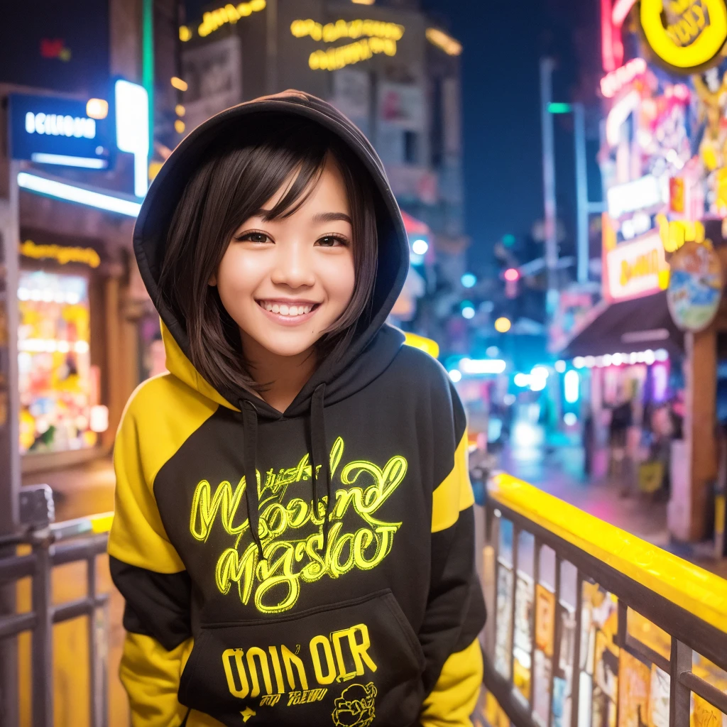 Detailed Background, masterpiece, Highest quality, smile, ornament, hoodie, Portraiture, Yellow neon, graffiti, dark, night, Glowing Eyes, Black light