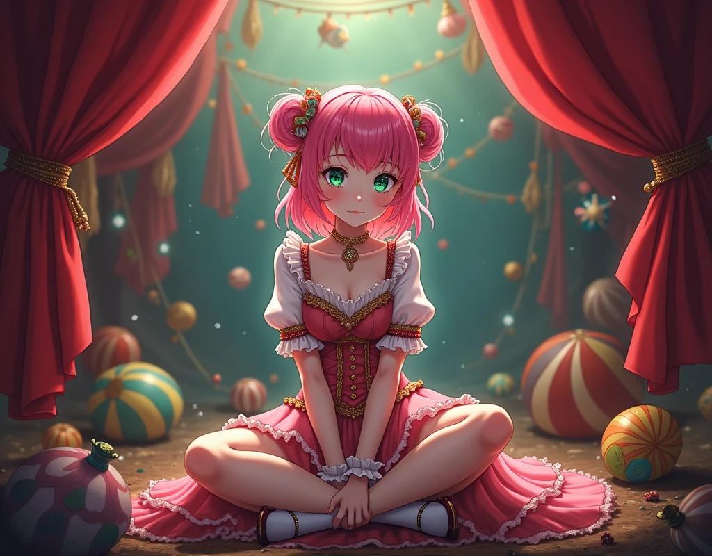anime girl who is a circus performer, sitting in the circus back stage alone, vintage costume.