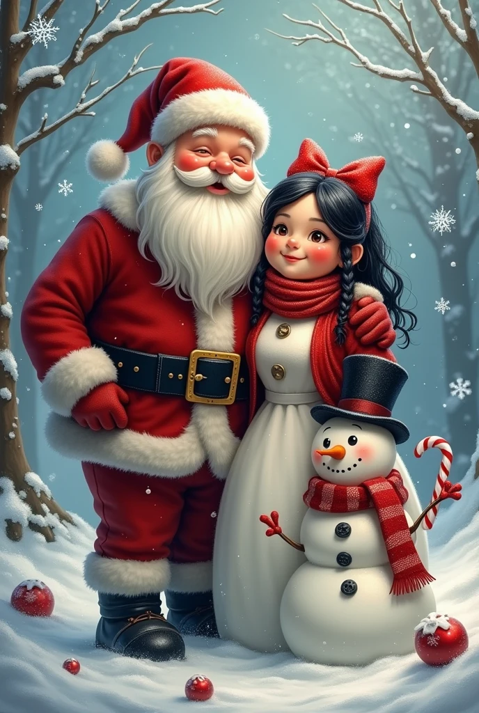 Santa Claus with his chubby wife black hair candy canes snowman snowflakes 