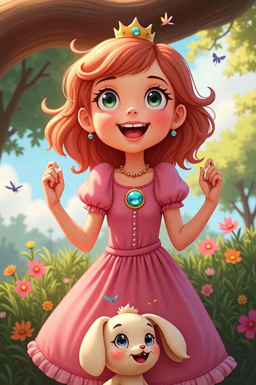 Cover Illustration:
- A whimsical scene depicting Princess Pip in her bright pink dress, with a big, sparkling button. She is standing in a lush green garden, surrounded by blooming flowers and butterflies. Bun Bun the bunny sits beside her, looking up at her with a playful smile. The overall tone of the illustration should be bright, cheerful, and inviting.
Imagine a cover with a sunny yellow background. Pip stands in the center, her pink dress flowing around her. The button on her dress is a large, sparkling gem, reflecting the sunlight. Bun Bun sits beside her, looking up at her with a mischievous grin. In the background, colorful flowers bloom, and butterflies dance in the air. The title "Princess Pip and the Lost Button" is written in a bold, playful font, with the author's name below it.