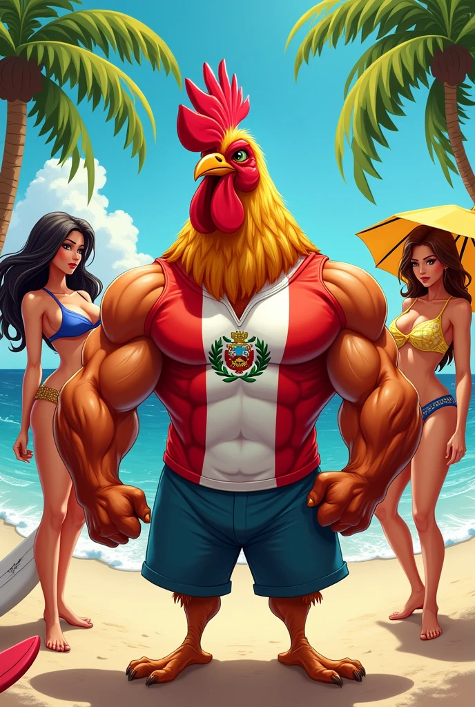 Create a rooster with a muscle shirt with the flag of Peru surrounded by sexy women 