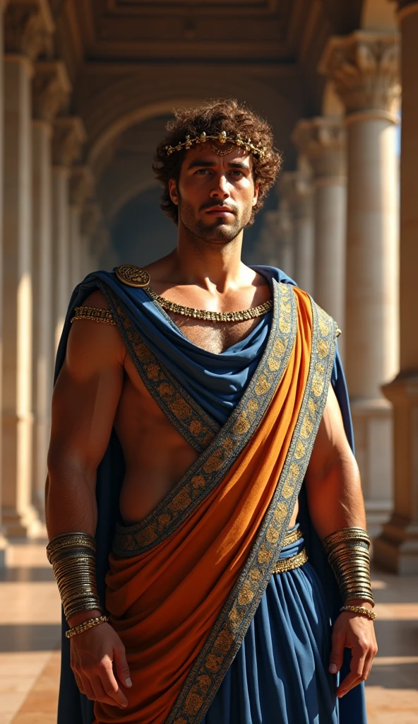 Front view , Full-body  looking at viewer, sole, Antonius standing in an ancient Roman palace,  standing pose, a male is  41 years old, handsome,( wave perm , brown hair , serious), normal body,  ((An ancient Roman emperor wearing traditional imperial attire, Including a toga praetexta with blue borders, Laurel wreath)), And other royal accessories, Standing in a grand  　,(Textured skin , HI Detail Skin, (Shorthand, Canon, 8k, Anatomically correct, Super Detail, Attention to detail, Your Highness)