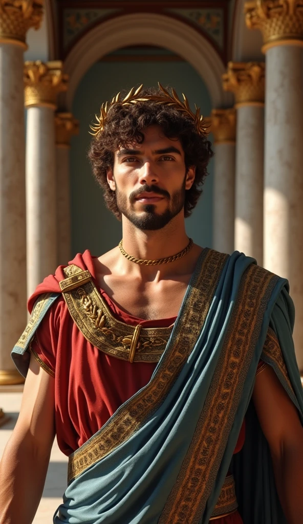 Front view , Full-body  looking at viewer, sole, Antonius standing in an ancient Roman palace,  standing pose, a male is  41 years old, handsome,( wave perm , brown hair , serious), normal body,  ((An ancient Roman emperor wearing traditional imperial attire, Including a toga praetexta with blue borders, Laurel wreath)), And other royal accessories, Standing in a grand  　,(Textured skin , HI Detail Skin, (Shorthand, Canon, 8k, Anatomically correct, Super Detail, Attention to detail, Your Highness)