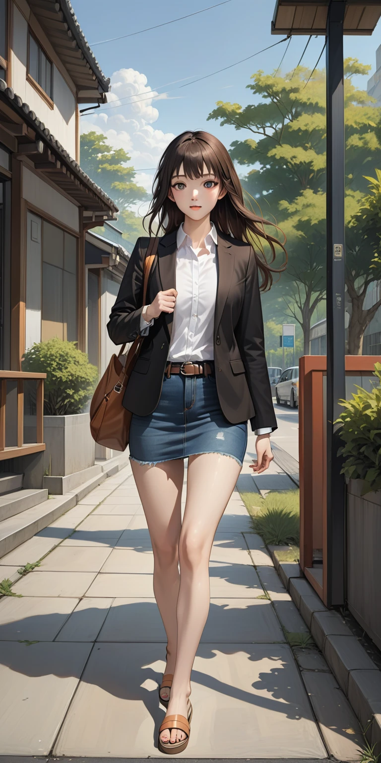 realistic anime illustration of beautiful young slender girl walking and holding a smartphone along the way to her campus, she is carrying orange-brown backpack, she has dark brown long hair, wears black 1/2 sleeve blazer outer, white collared shirt inside, dark-blue denim pencil mini skirt with brown belt, and khaki sandals, (1girl, solo, full body), (masterpiece, best quality, japanese anime style), (expressive eyes, perfect face)