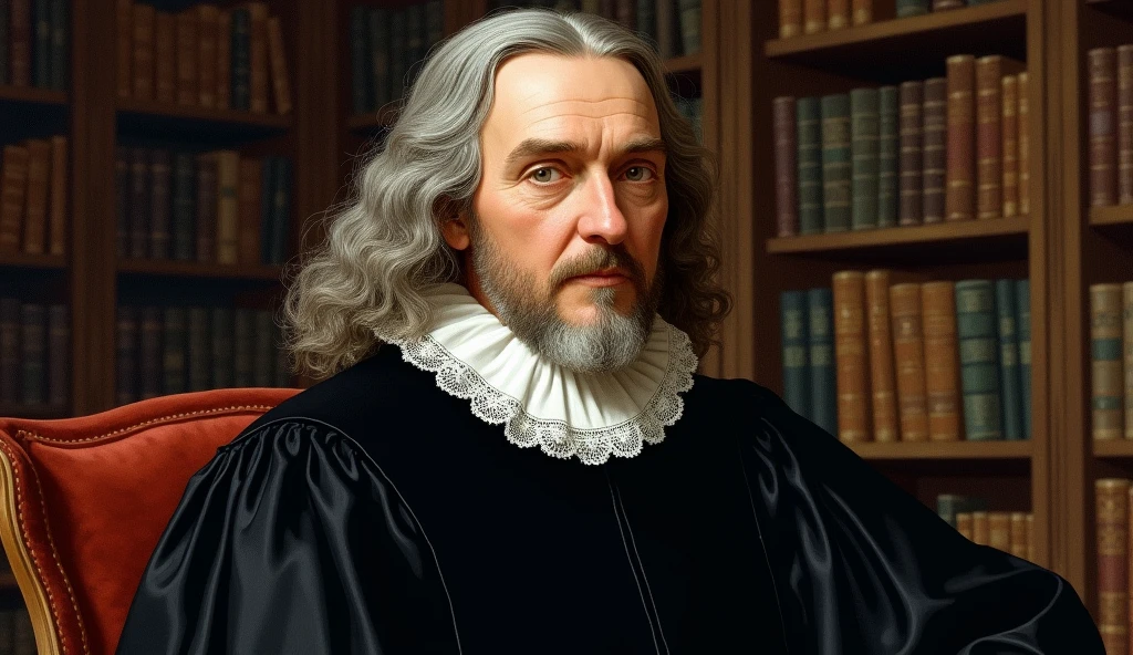 A detailed historical illustration of John Owen, a 17th century puritan, based on authentic historical portraits. He is depicted in a characteristic black clerical attire., including a white lace collar and a peg cape. Owen has wavy gray hair., with a short, well-trimmed beard. The image should capture his serious and contemplative expression., reflecting his position as a theologian and influential thinker. The background can be a simple library or office, with wooden furniture and old books