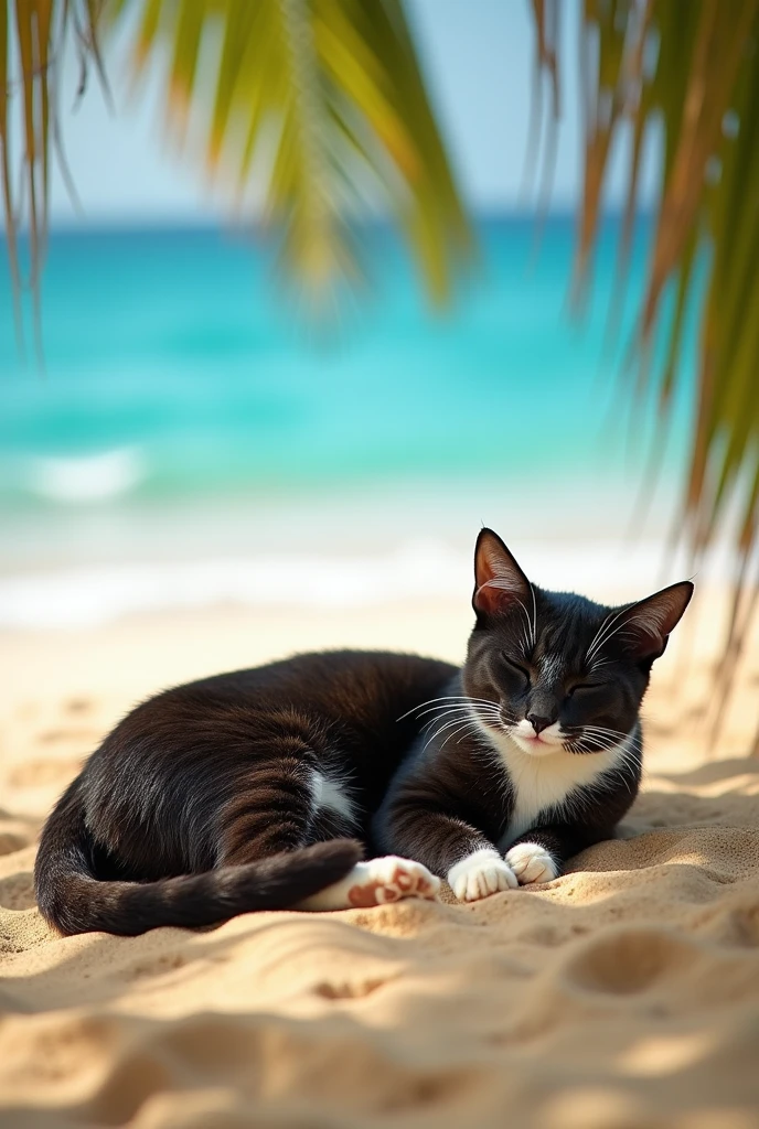 Voici une description pour une image générée :
Un chat tigré foncé à poils courts, avec le torse et les deux pattes avant de couleur blanche. Le chat est en train de rêver de La mer se trouve sur un sable doré, avec des palmiers et un océan en arrière-plan, renforçant l’ambiance de vacances.