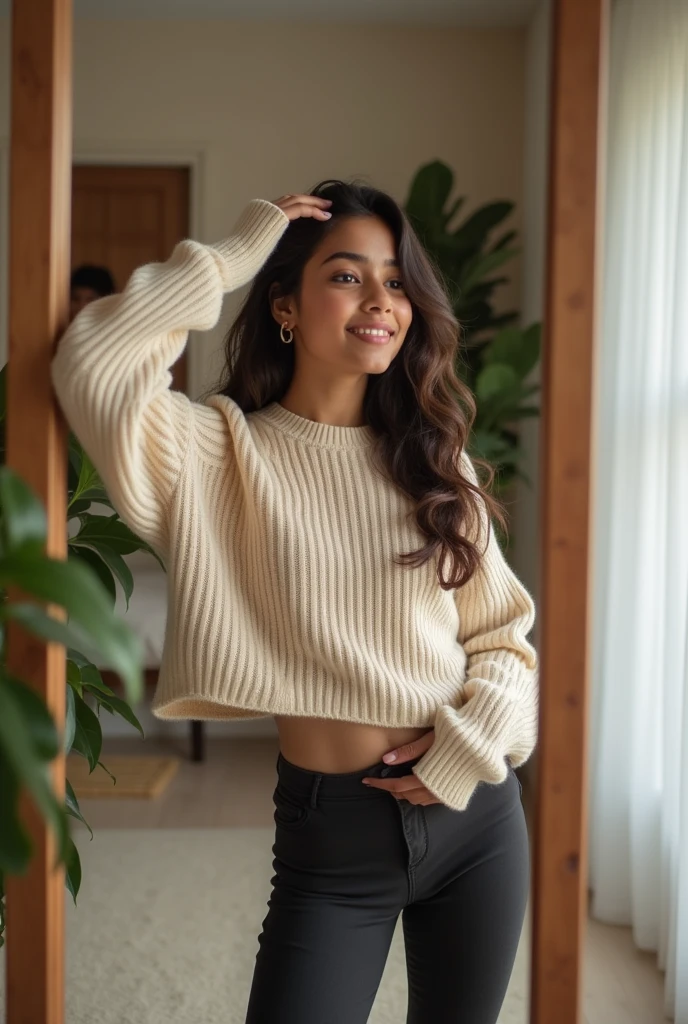 1cute confident indian girl taking a mirror selfie wearing sweater and leggings, height 160 centimetres, build, fair skin, average hair length of 60 centimetres, photorealistic, detailed skin texture, faint smile, 1hand above her head,