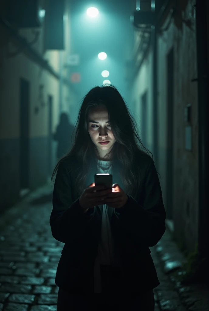 A woman looking into phone,scary,night,scary,fog