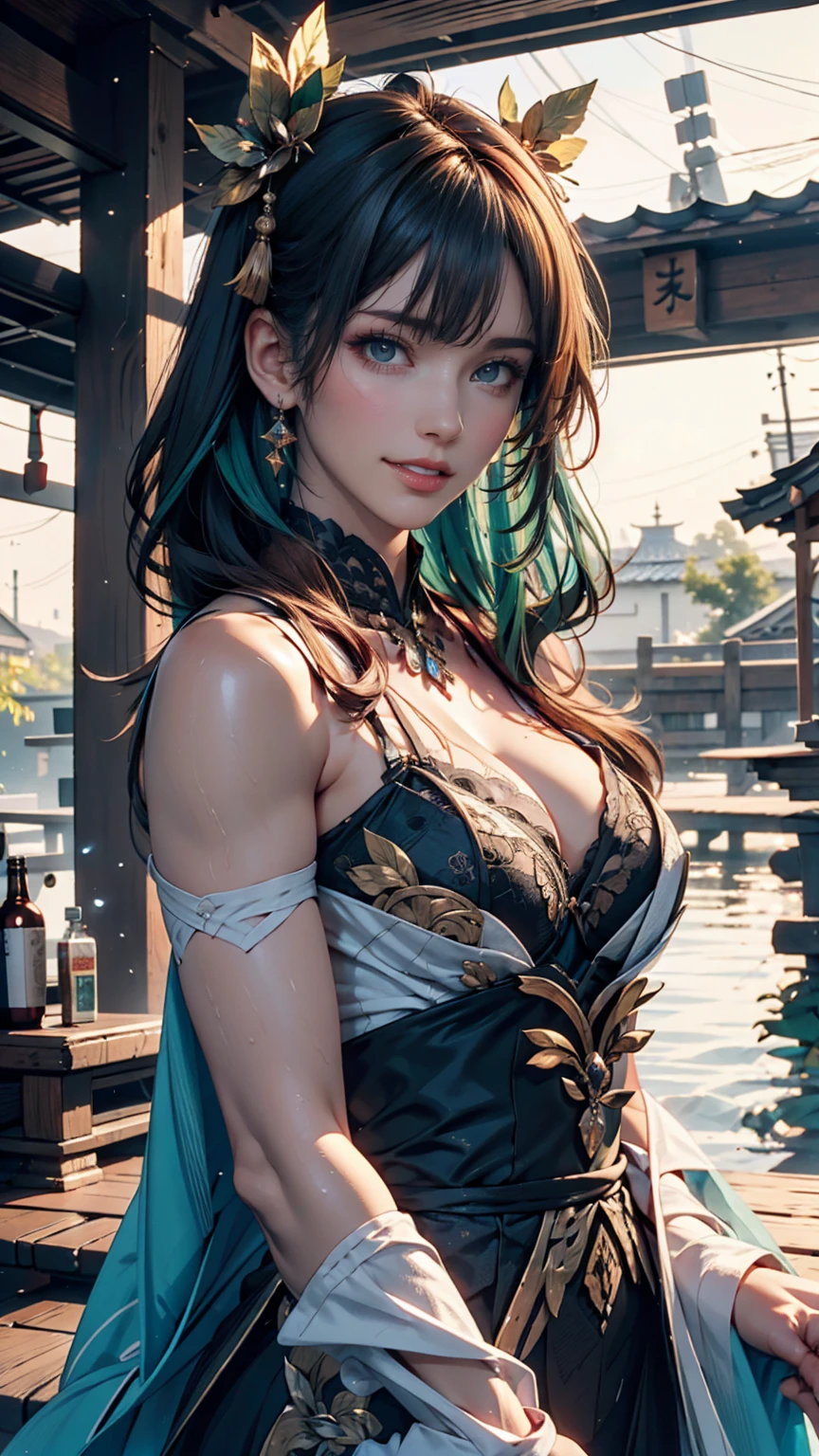 One person, alone, hair ornaments, Green Hair, Twin tails, Long Hair, dress, water,, Mid shot portrait photography (Farzan) From Genshin Impact,, Dark Fantasy Background, Charming grin., By Greg Rutkowski and Walt Disney、Extremely realistic, highly detailed and intricate photorealistic analog style photos。Eyes sharply focused, Cinema Lighting,, , ,超High resolution, High resolution, 8k