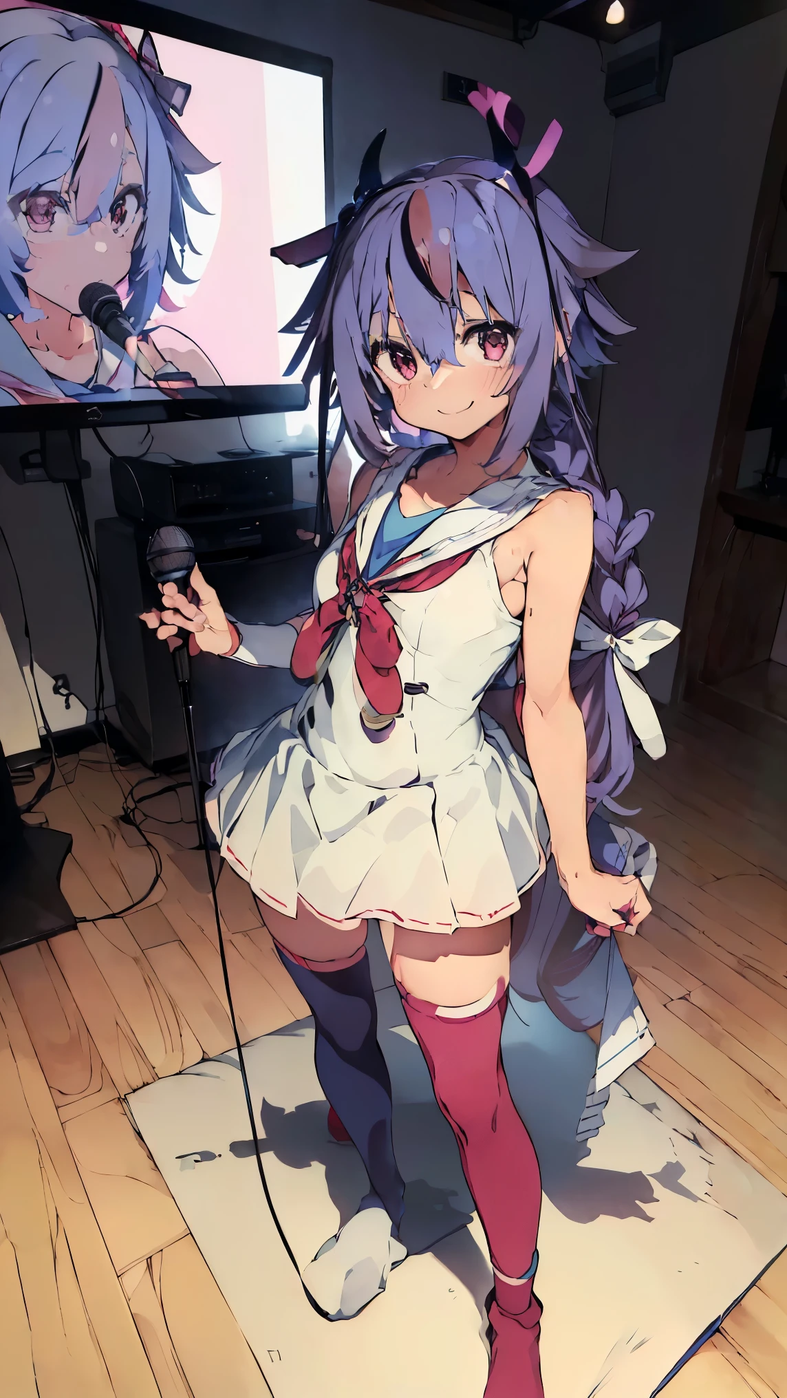 masterpiece, Highest quality, High resolution, Very detailed,(((Mikoto Naruka))), (((smile)))、(((Standing in the distance))), (((Holding a microphone。))), (((Blue sailor color))), (((stage))), (((White knee-high socks))), (((Blue ribbon))), (((Blue Hair))), (((Multicolored Hair))), (((horn))), (((Pink Eyes))), (((With a large monitor in the background)))