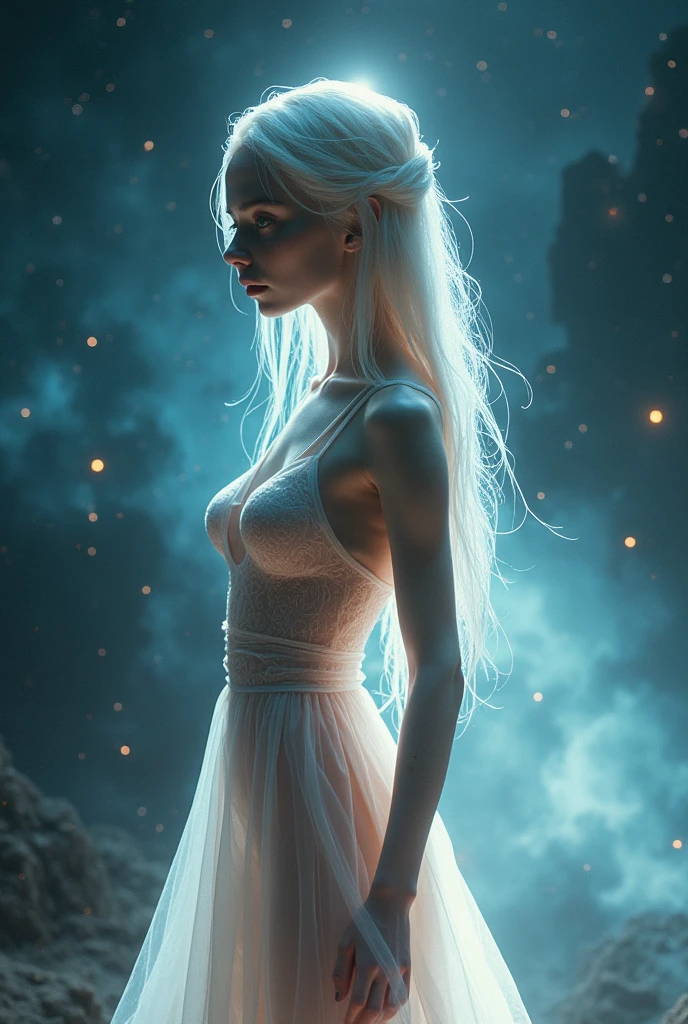 beautiful young alien woman, tall, thin, pale, wearing a transparent dress, full body, small breasts, nsfw
