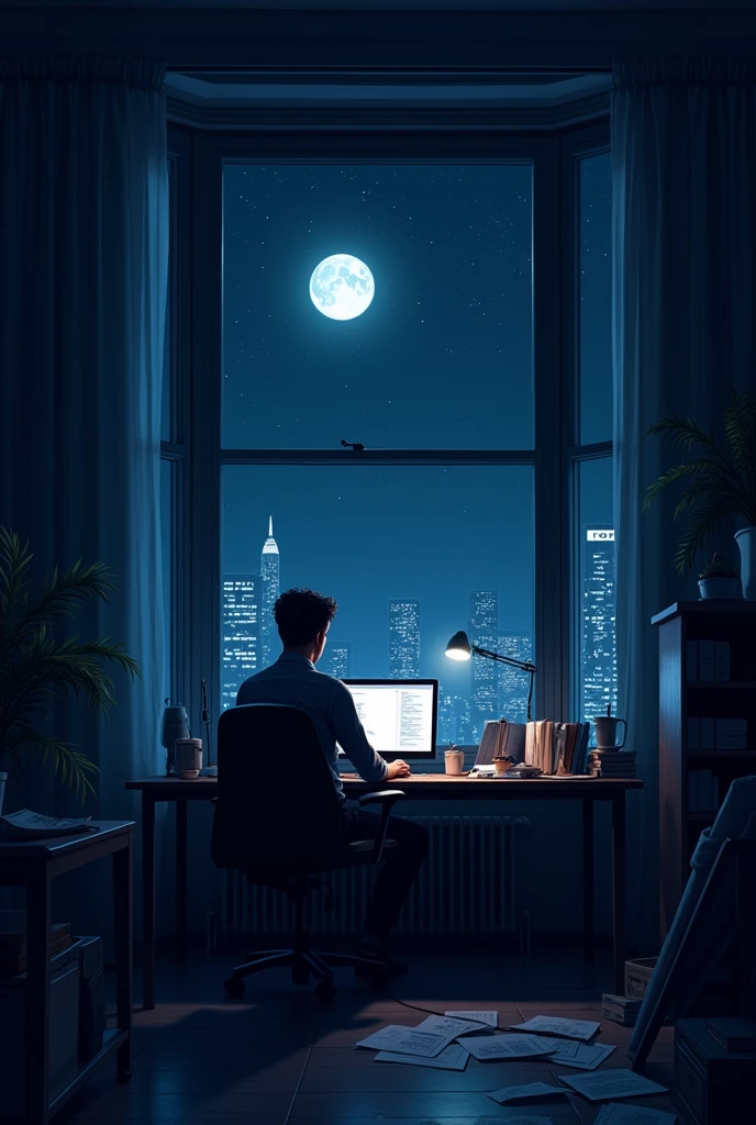 dimly lit office with a man sitting at a desk in front of a window, calm night. digital illustration, detailed 2d illustration, high contrast illustrations, in style of laurie greasley, dan mumford. maya render, background artwork, official illustration, keyframe illustration, 2d digital illustration, laurie greasley, 2 d illustration, programmer, 2d illustration