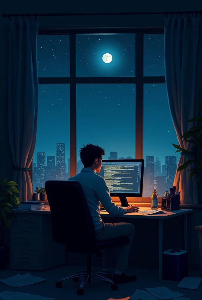 dimly lit office with a man sitting at a desk in front of a window, calm night. digital illustration, detailed 2d illustration, high contrast illustrations, in style of laurie greasley, dan mumford. maya render, background artwork, official illustration, keyframe illustration, 2d digital illustration, laurie greasley, 2 d illustration, programmer, 2d illustration