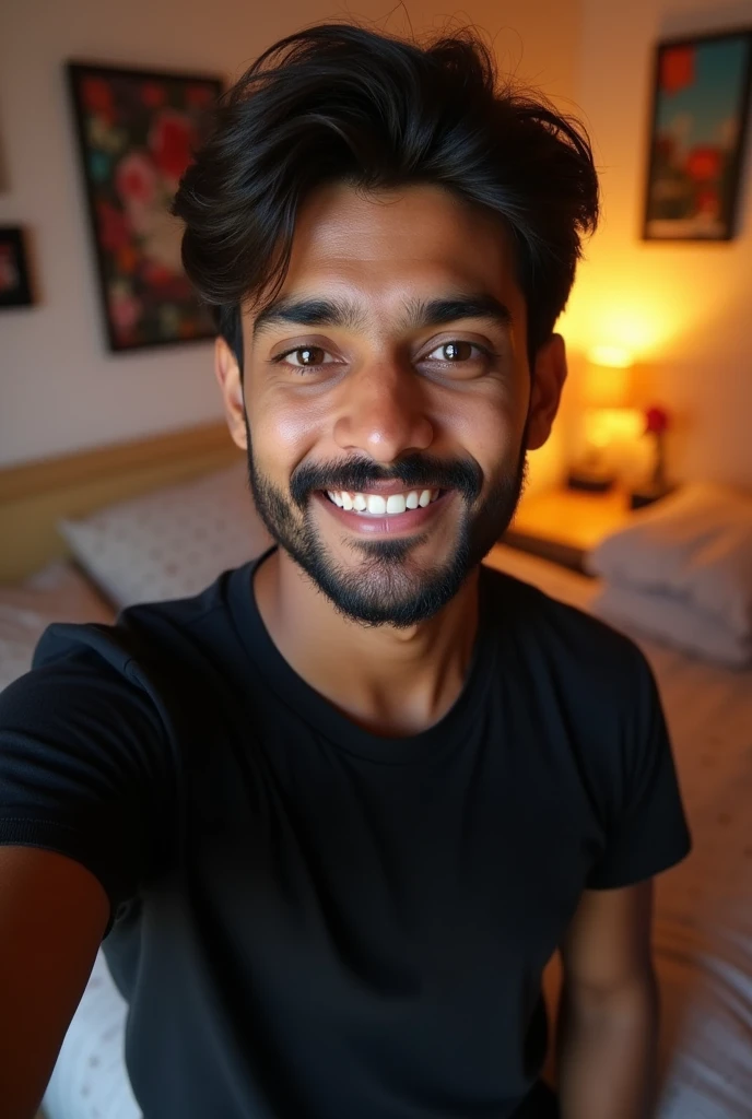 A handsome 20 years old indian boy taking selfie in room , simple pose , rough dry face skin , full body view , black tshirt , with beard and moustache