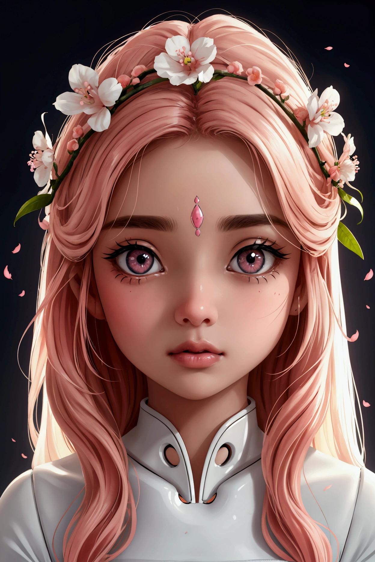 Beautiful and charming Indian woman、Half-body photo、Attractive oval face、double eyelid、Bright peach blossom eyes、Pink Lips、Small Nose、Wavy Hair、Concentrated face、Expressionless、Face close-up、Ultra-high resolution、Super detailed、Graceful posture、Pure white room、Robot before startup、Lots of code connected。