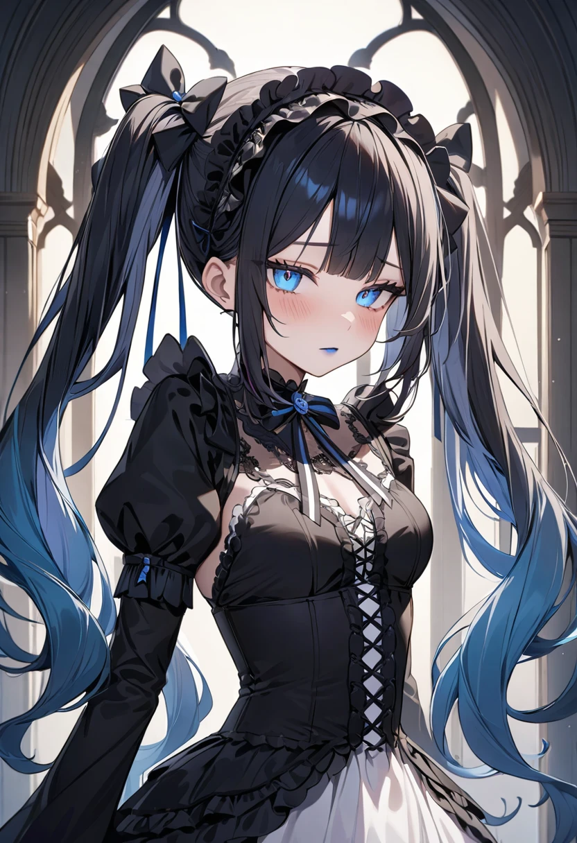 (masterpiece, top quality, very aesthetic, 4k、illustration), intricate detail, 1woman,solo,contrapposto 、from side、Strong glowing eyes、Fair skin,(upper body)、sleepy 、twintails、(Blue lipstick),beautiful face、Blushing,(gradient hair)、multicolored hair,middle hair,sidelock ,blue eyes、gothic ta dress、medium breasts、slender 、