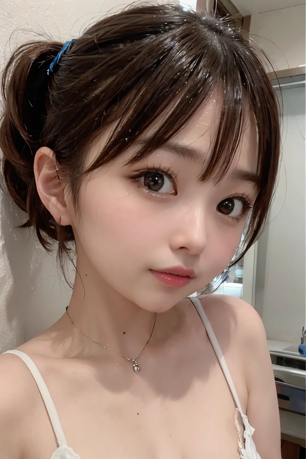 8K, RAW Photo, Best Quality, Masterpiece, Realistic, PhotoRealistic, Extremely Detailed 8K Wallpaper, Beautifully Detailed Eyes, Finely Detailed Face, 
 BREAK 
Professional Lighting, 
 BREAK 
1 Girl, Face Close-up, (White Background), 
 BREAK 
Perfectly Anatomically Correct:1.0, 5 Beautiful Thin Finger:1.0, 
 BREAK 
1 Girl, (Very Short Ponytail Hair), Kawaii, 
Captivating Eye Reflections, Japanese, Wide-Set Eyes, Big Eyes, Almond-Shaped Eyes, tareme, Double Eyelids, Eye Bags, White Skinned, Blush, Embarrassed, 16-Year-Old, 
Round Face, Chiseled Face, Round Chin, Thin Lips, Small Nose, Oval-shaped Face, 
(Wet Hair), Messy Hair, Brown Hair, Open Mouse Slightly, [Pouted Cheek], 
Accurate Face Line Silhouette:1.0, 
Looking at Viewer Straightly, 
Wearing White Camisole, 
 BREAK 
SFW:1.4
 BREAK 
Eye Focus, (Soft Saturation, Soft Contrast), Dynamic Angle, Bokeh:1.4