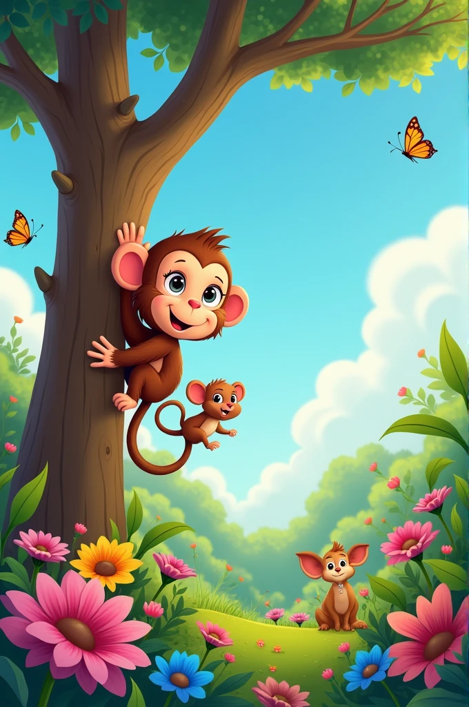 Here’s a prompt you can use to generate an image related to a nursery song:

"A vibrant and cheerful scene of a playful monkey named Monty and his little mouse friend, Chinku, having fun in a lush, green jungle. Monty is happily climbing a tall tree with Chinku sitting on his shoulder, both smiling with joy. The jungle is filled with colorful flowers, butterflies, and friendly animals watching them with admiration. The sky is bright and clear, and there's a sense of excitement and friendship in the air, capturing the lively and playful mood of a nursery rhyme."

If you'd like to create an image from this description, just let me know!