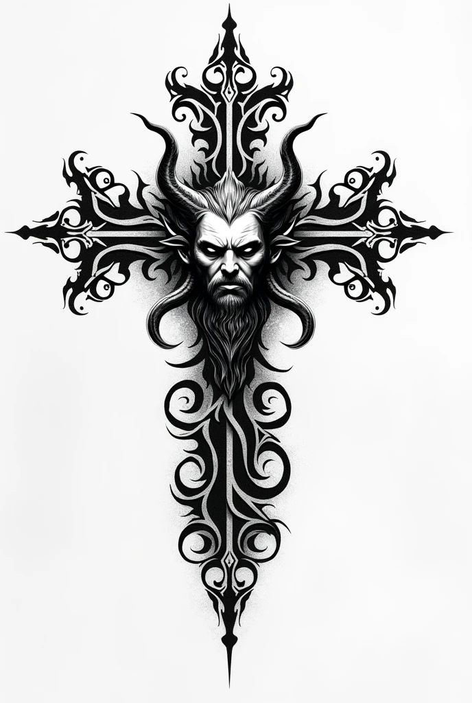 neotribal tattoo with a cross with lucifer on it, make it black and white