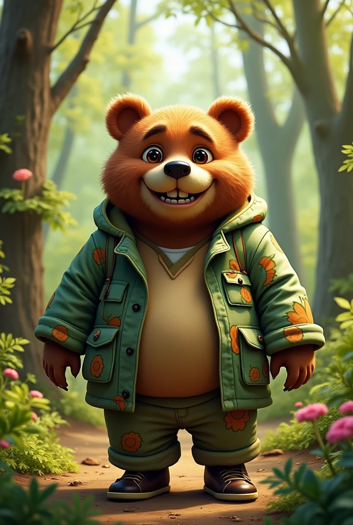 A human-bear with a bear nose and protruding front teeth　man　chubby　clothes