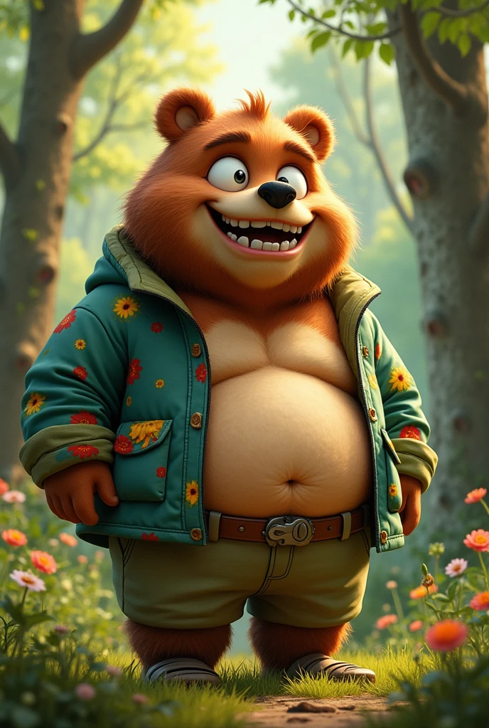 A human-bear with a bear nose and protruding front teeth　man　chubby　clothes