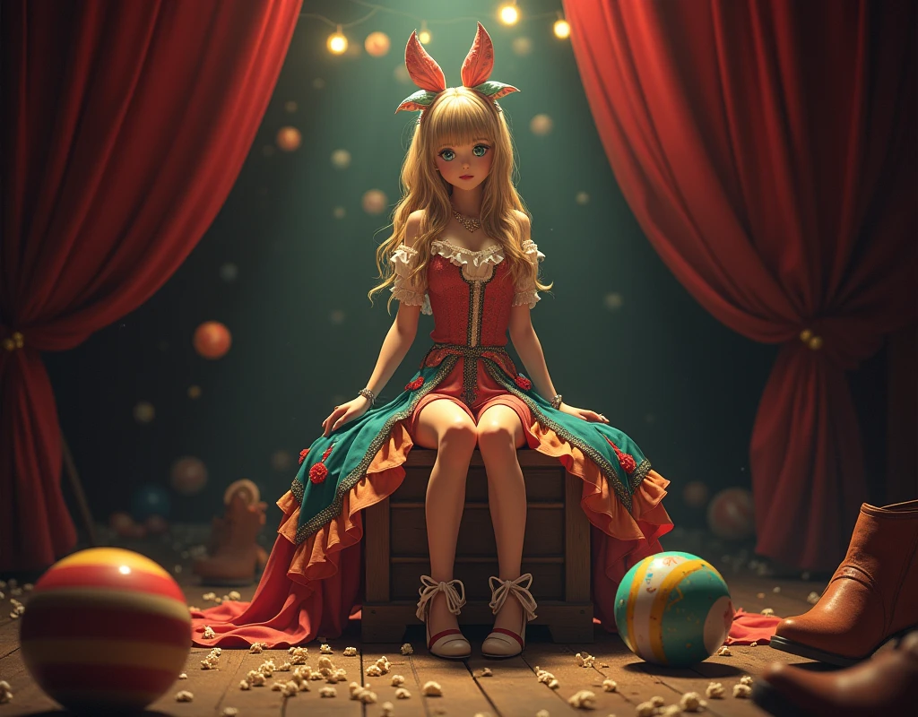 anime girl who is a circus performer, sitting in the circus back stage alone, vintage costume.