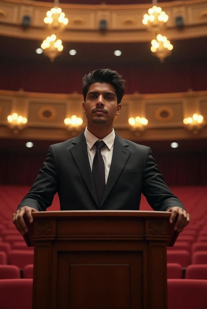 A realistic image of an 18 year old Indian boy standing on a lectern wearing black suit. He should be a bit fat