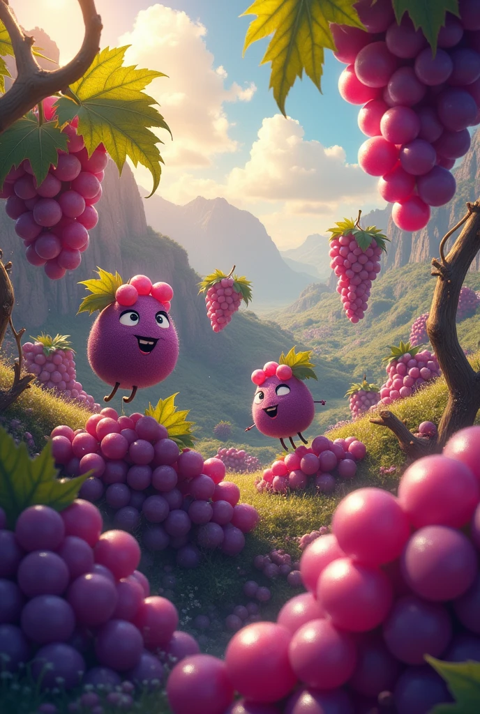 Create a planet made of grapes with people talking 