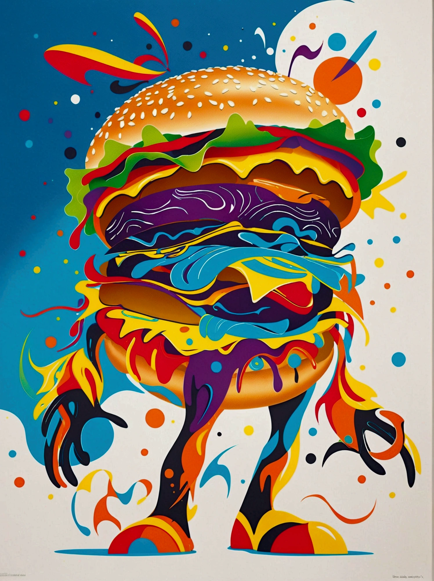 (negative space:1.5), a Hamburger, colorful cartoon-style illustration from an award winning animated movie, illustrated in bold outlines, showcasing its colors and shapes. The character is depicted adorned colorful energy against a white background, mythical creature 