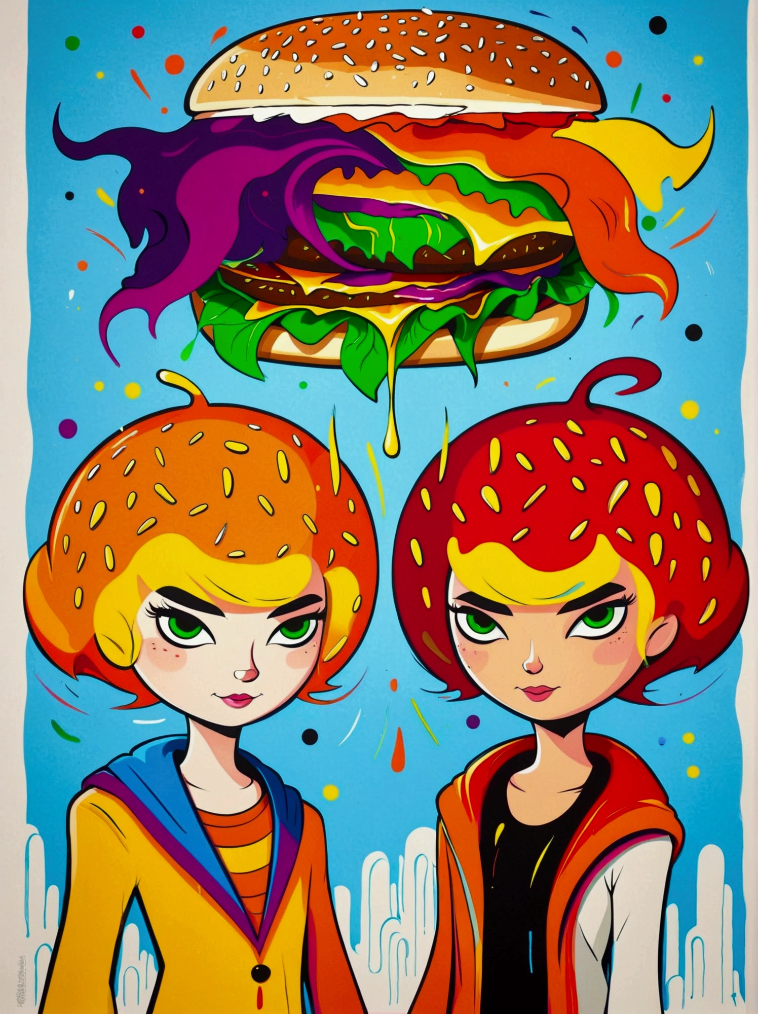 (negative space:1.5), a Hamburger, colorful cartoon-style illustration from an award winning animated movie, illustrated in bold outlines, showcasing its colors and shapes. The character is depicted adorned colorful energy against a white background, mythical creature
