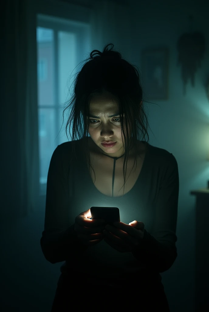 A woman in her room looking into phone,scary,night,scary,fog