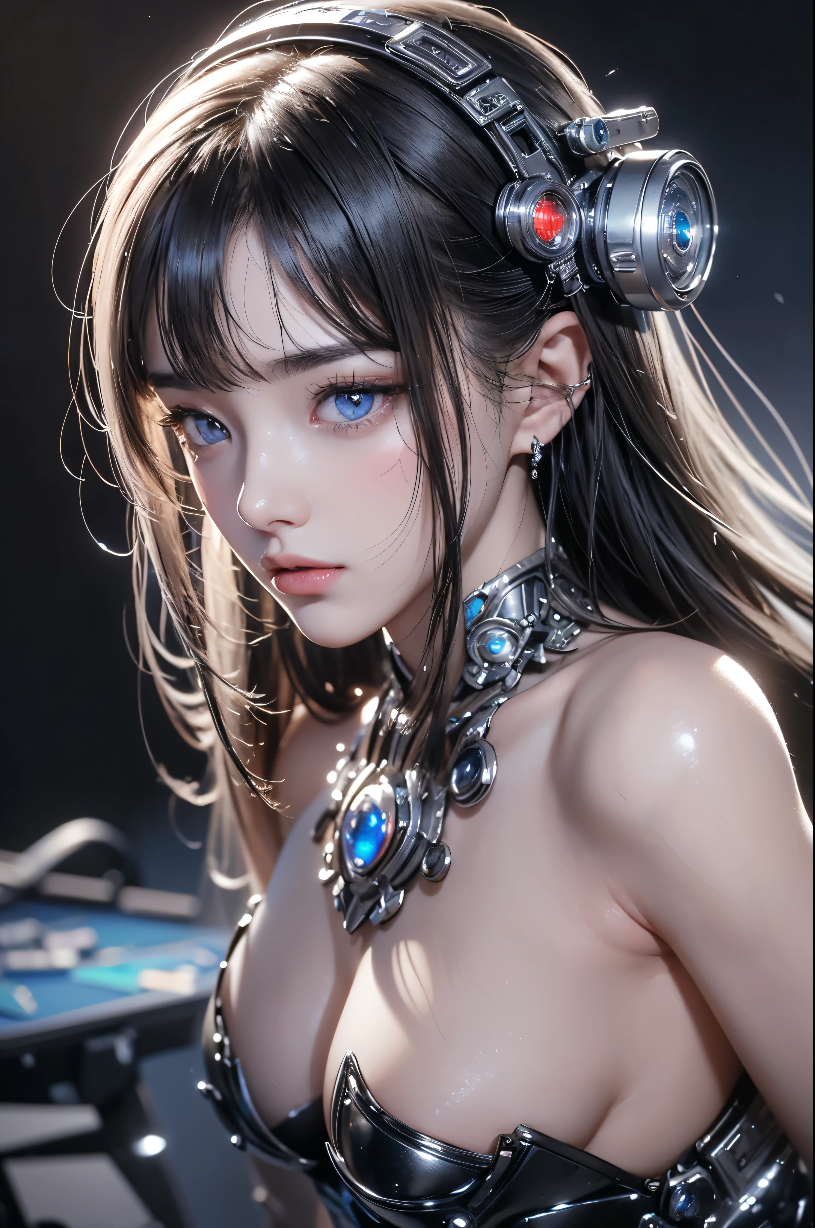 masterpiece, Highest quality, Very detailed, To the camera, Very detailed, Realistic, Sharp features, Very detailed, Sharp focus, Perfect Face, Perfect Face, Perfect symmetry and perfect eyes, Perfect Plump Lips, Flexible female form, cinematic, Film Light, Very detailed, hyper Realistic, masterpiece, Atmospheric, High resolution, Vibrant, Dynamic Studio Lighting, ((Dark Background)), The expression when enduring pleasure, Straight bangs, Blue eyes,Kneel down and put your hands on your crotch.、Butt、Sexually aroused expressions、No clothes、NSFW,((top quality、8k、masterpiece:1.3))Wears a silver-white mech,girl with delicate face,Highest image quality,Ultra-clear,Delicate and clear facial features,end of the world,Mechanical arm,Exquisitely detailed mechanical pattern,Cyberpunk characters、numbercity、number、century、throne