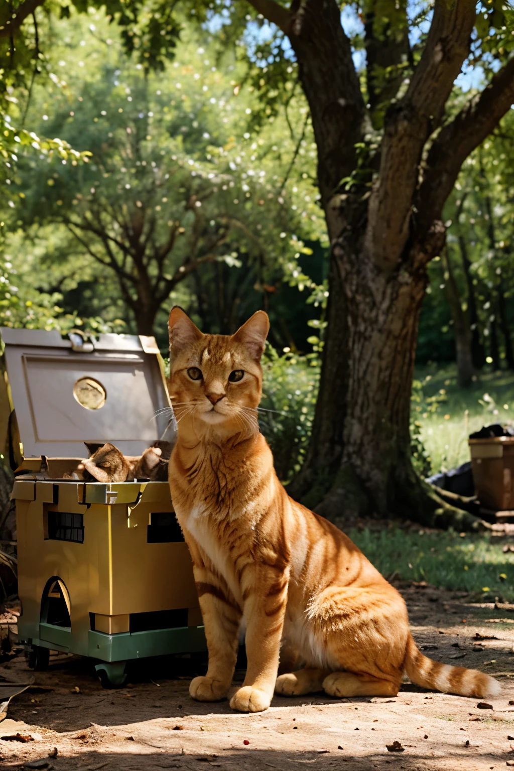 Sunny, a golden cat, standing by an open box of treasures under the oak tree in the forest.