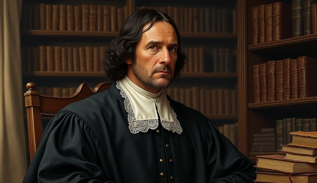 A detailed historical illustration of John Owen, a 17th century puritan, based on authentic historical portraits. He is depicted in a characteristic black clerical attire., including a white lace collar and a peg cape.The image should capture his serious and contemplative expression., reflecting his position as a theologian and influential thinker. The background can be a simple library or office, with wooden furniture and old books