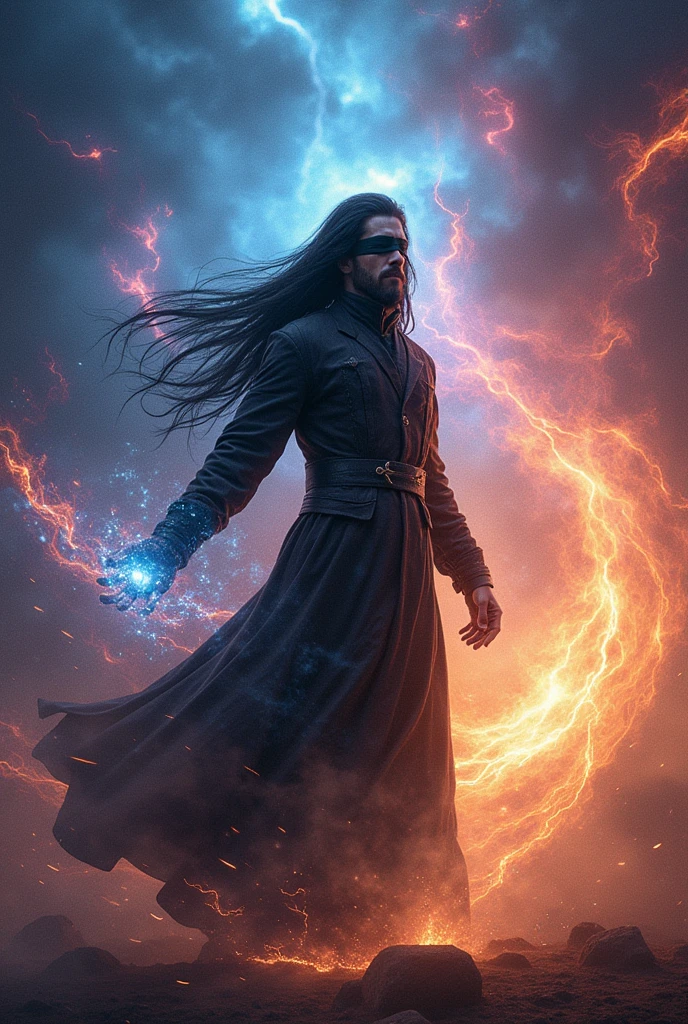 Create a man with the power to manipulate energies, with long black hair and blindfolded eyes.