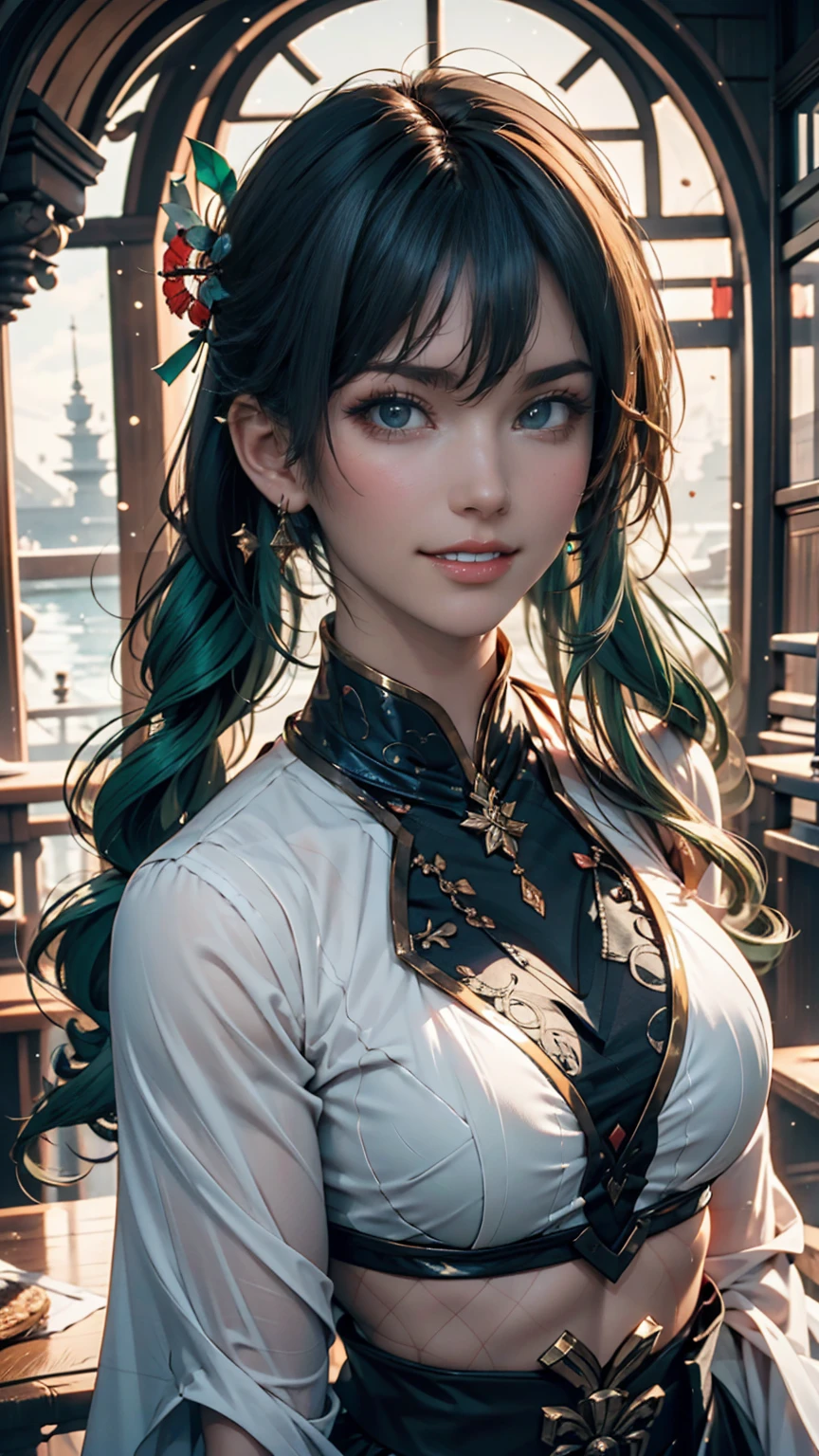One person, alone, hair ornaments, Green Hair, Twin tails, Long Hair, dress, water,, Mid shot portrait photography (Farzan) From Genshin Impact,, Dark Fantasy Background, Charming grin., By Greg Rutkowski and Walt Disney、Extremely realistic, highly detailed and intricate photorealistic analog style photos。Eyes sharply focused, Cinema Lighting,, , ,超High resolution, High resolution, 8k